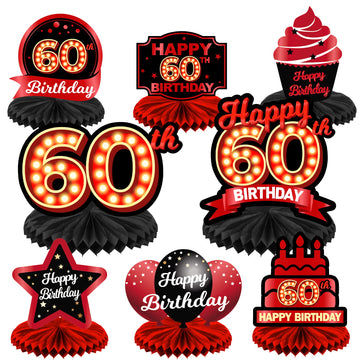 Happy 60th Birthday Red and Black Table Honeycomb Centerpieces Balloons Theme Decor Table Decorations Table Toppers for Girls Wo