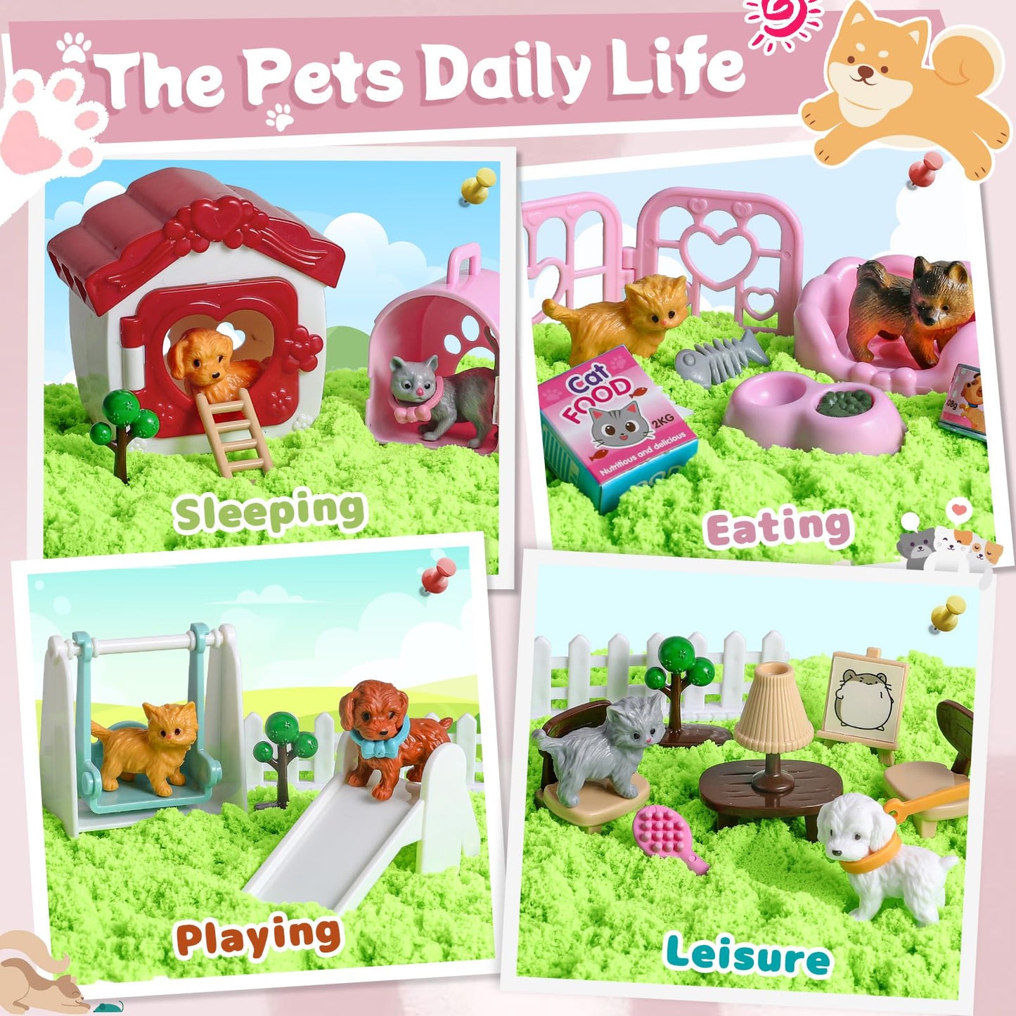 KNASON Cat and Dog Sensory Bin,Play Sand Kit for Girls and Boys with 2.2lbs Sensory Sand and Sand Box,Pet Sandbox Toys Role Pret