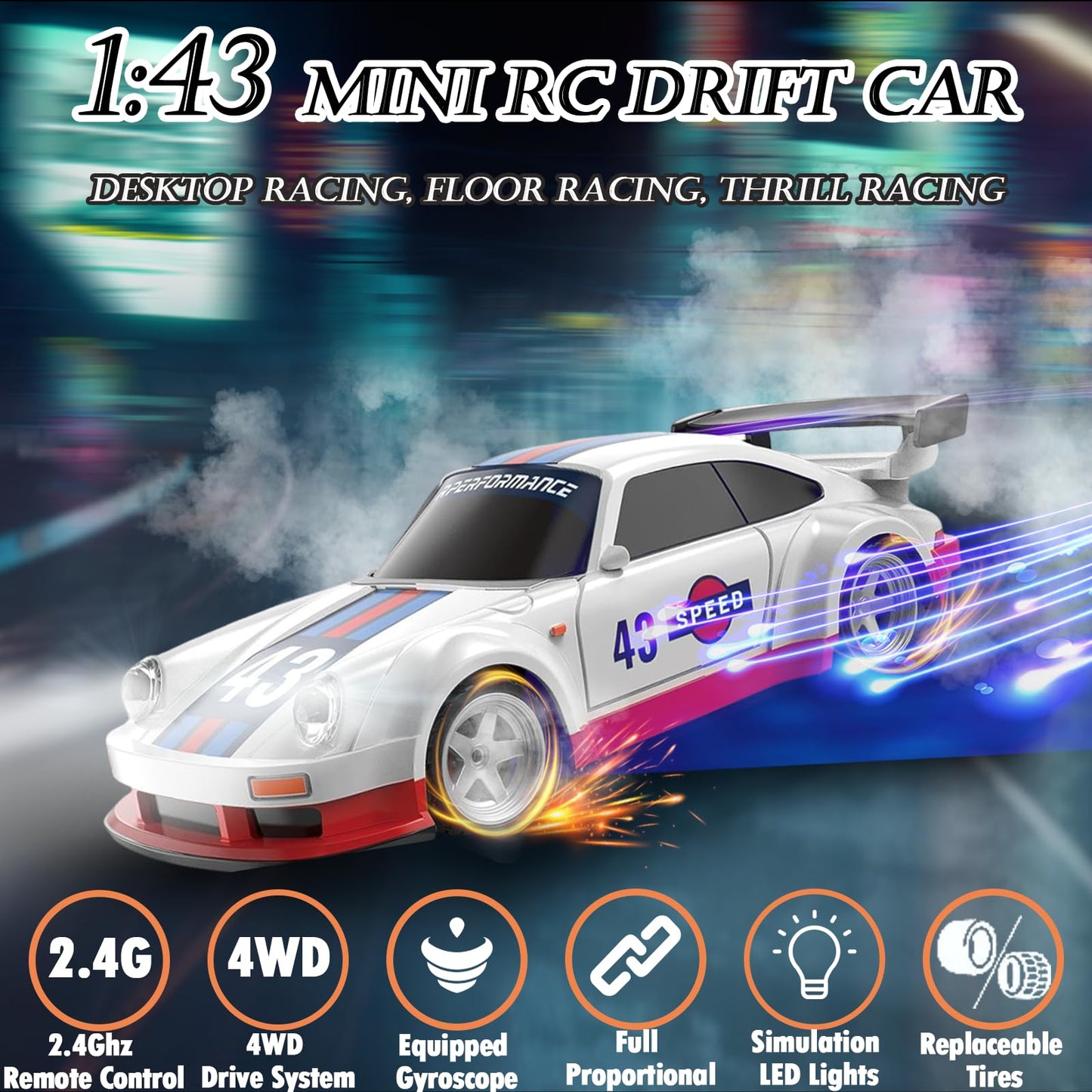 Mini Fast Rc Cars, 1/43 Rc Drift Car Small Remote Control Car With Gyroscope, 2.4Ghz 4Wd Full Proportional High Speed Micro Hobb