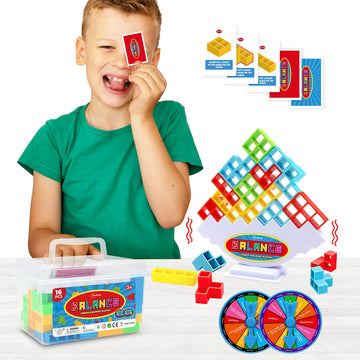 Iyuepeng 16Pcs Tetra Balance Tower Drop Game Fun Stacking Blocks With Storage Box & Wheel Spinner Balancing Interactive Board Ga