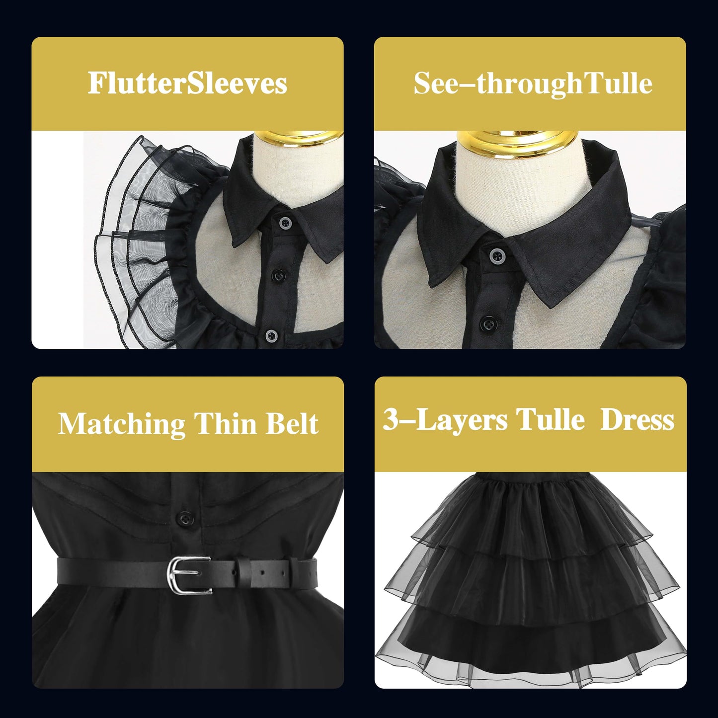 Isswya Girls Black Dress Up Costume For Kids Halloween Cosplay Party Dress With Wig Belt Socks 7-8Y