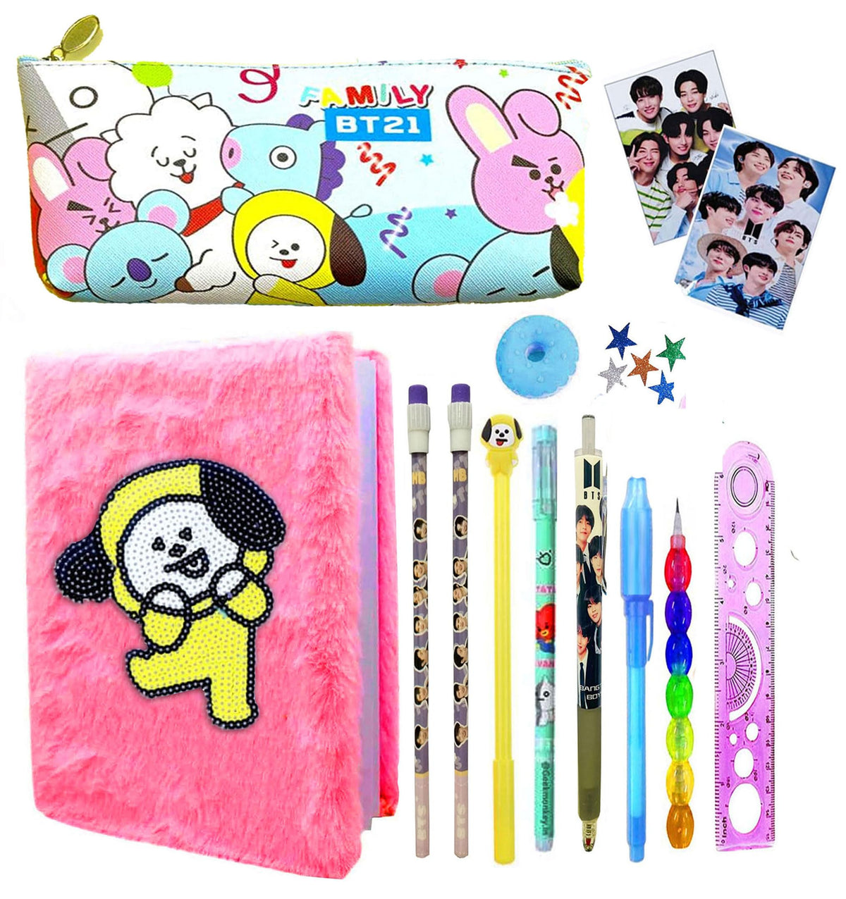 Neel Bt21 Stationery Gift Set For Kids Christmas Gift Designer School Stationery Fur Diary Pen Pencil Eraser For Kids Birthday 
