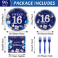 gisgfim 96Pcs 16th Birthday Plates and Napkins Party Supplies Sweet 16 Birthday Party Tableware Set Blue Silver 16th Birthday De