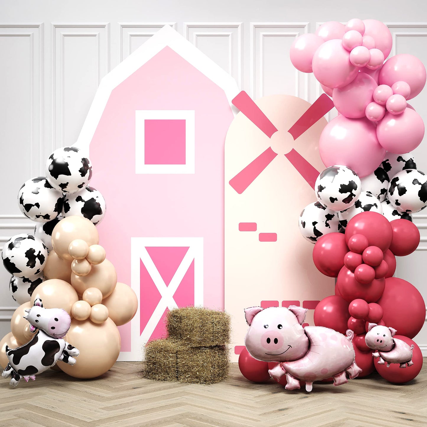 House Of Party Cow Balloon Arch - 110 Pcs Western Cow Print Pink Red Balloons For Girls Birthday Party, Cowboy Baby Farm Theme D