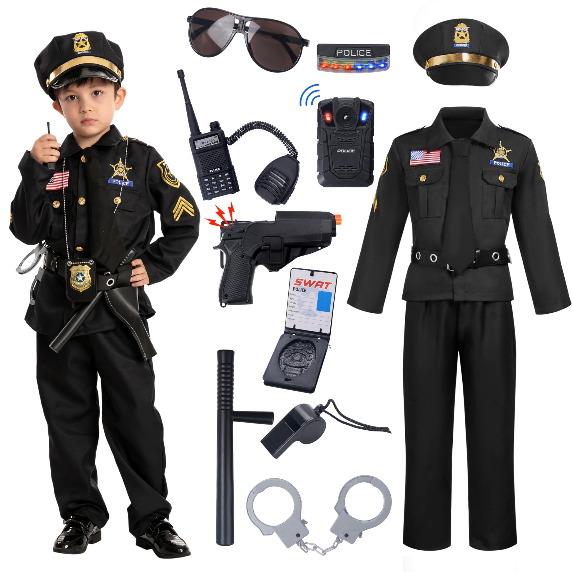 Spooktacular Creations 14PCS Halloween Police Costume for Kids  Black Police Officer Costume for Boys  Toddler Cosplay RolePlay Themed Party (Small  5-7 yrs)