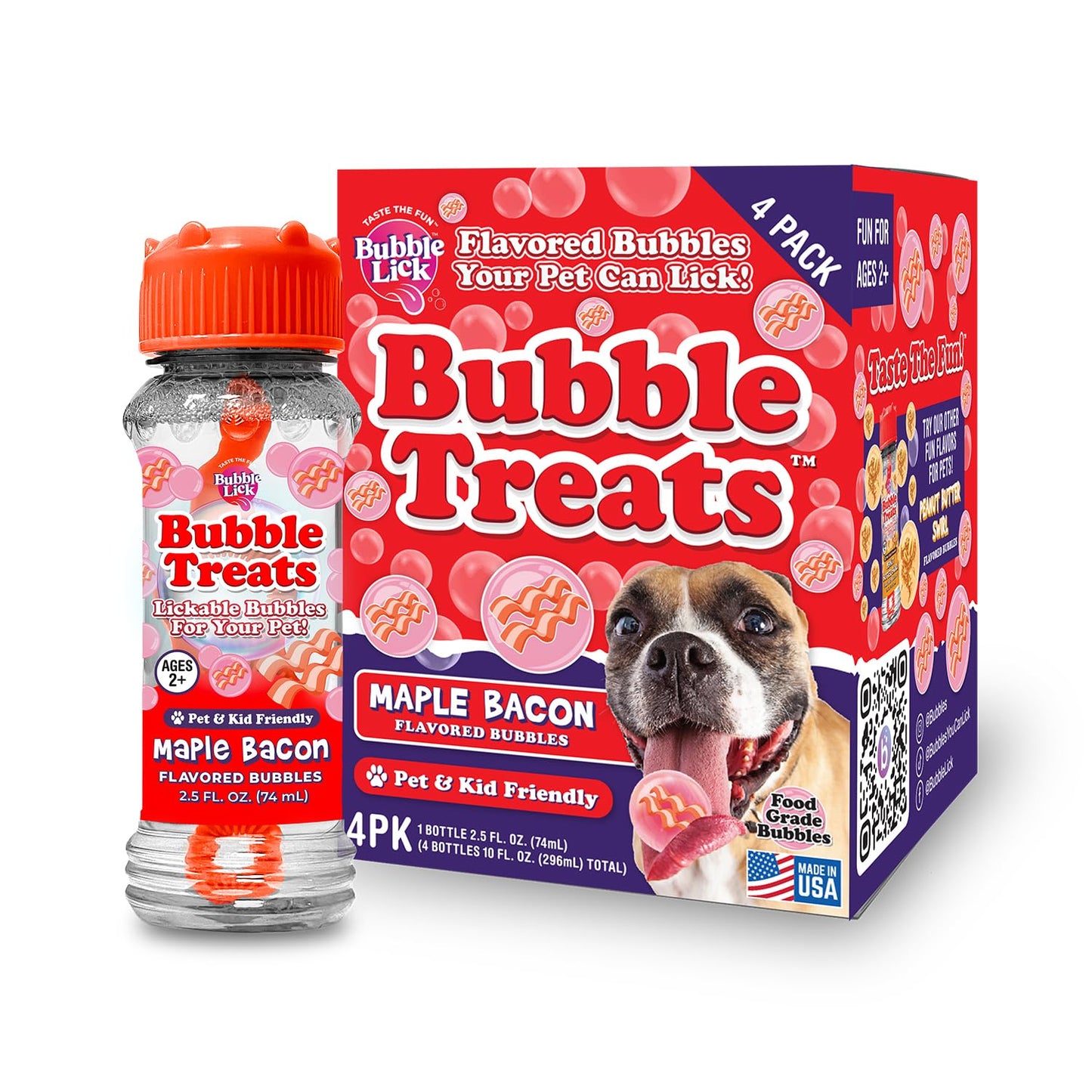 Bubble Treats Maple Bacon Pet Bubbles (2.5 Fl Oz, 4-Pack), Lickable Bubbles for Pets - Natural Bacon Flavor, Great for Bubble To