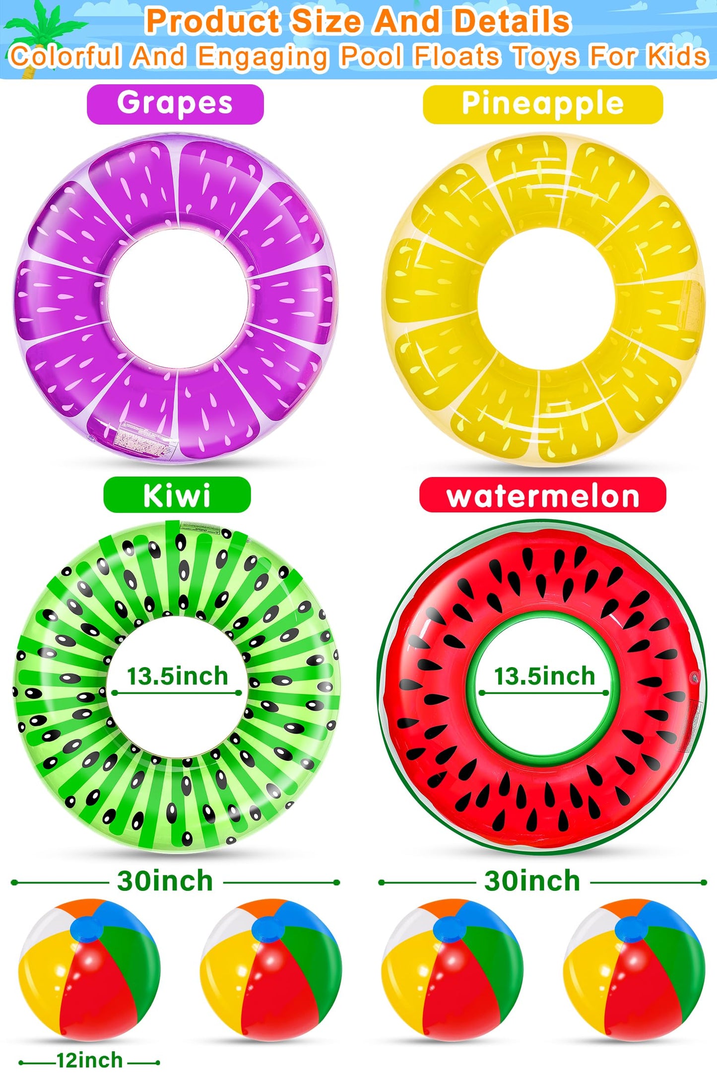 iGeeKid 8 Pack Inflatable Pool Floats - 4 Fruit Swim Tubes & 4 Beach Balls, Large Plastic, Summer Fun for Kids & Adults