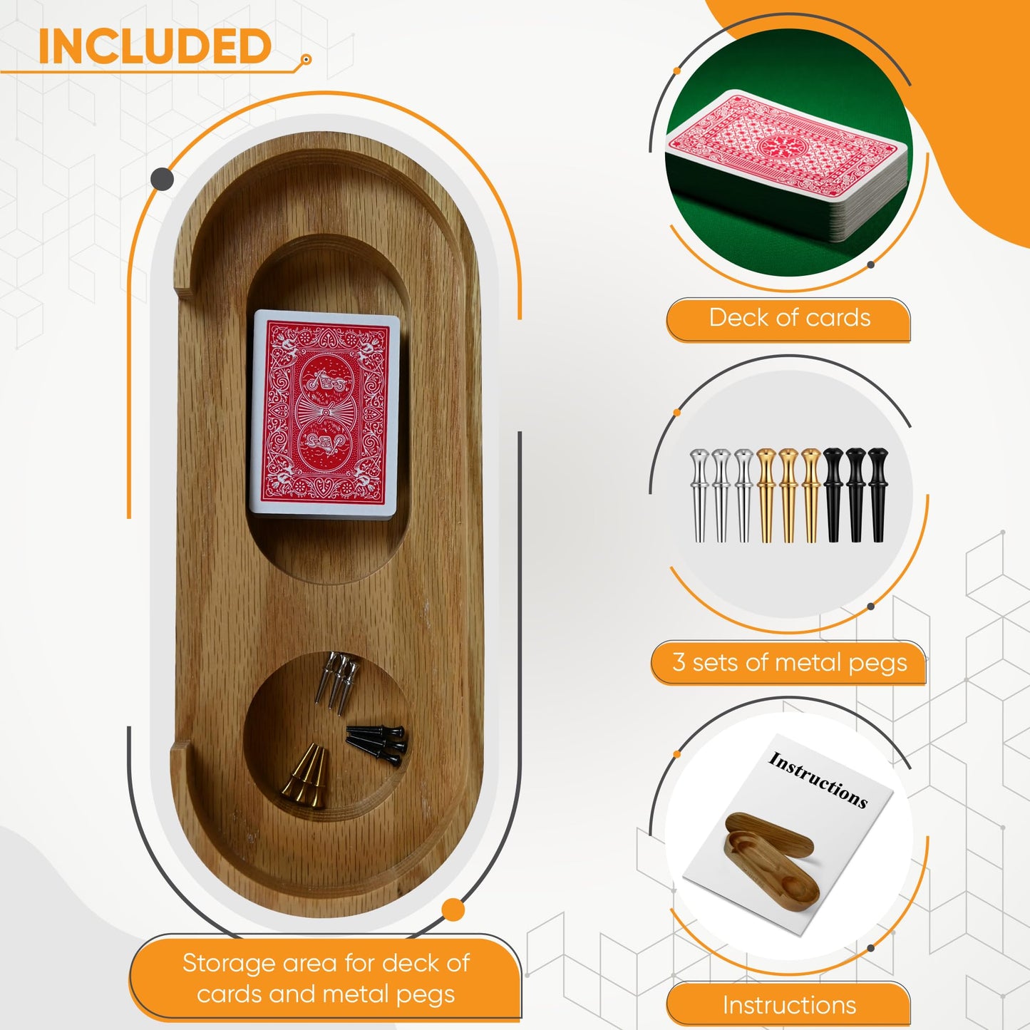 Premium Oak Cribbage Board Game Set -Unique Cribbage Board Includes Playing Cards, Metal Cribbage Pegs, Instructions, & More - B