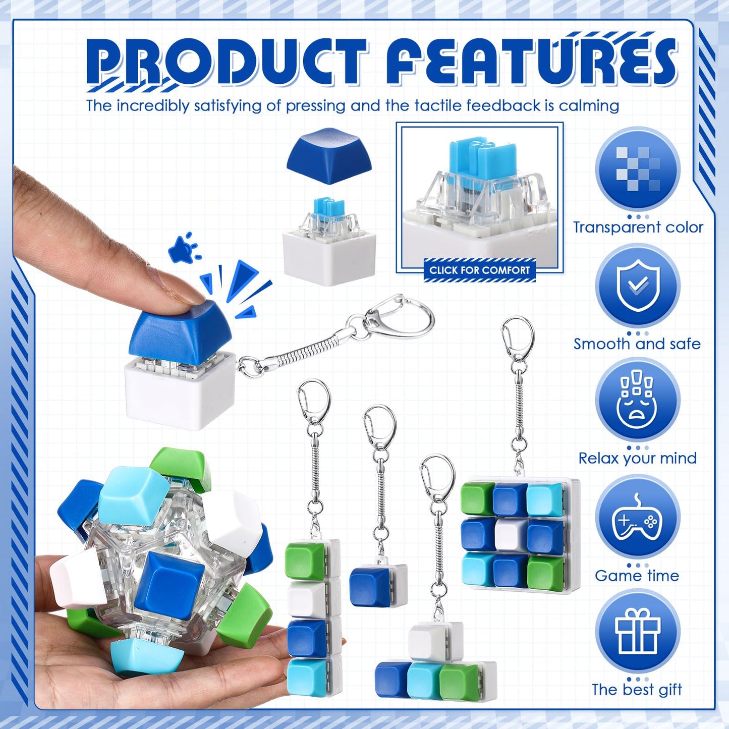 Halloscume 5 Pcs Keyboard mature-themed Fidget Toy Clicker Toy in 5 Styles Keyboard Fidget Keychain Cube Mechanical Key Button Clicker Stress Relief Gift for Office Home Pass Time(Blue Green)