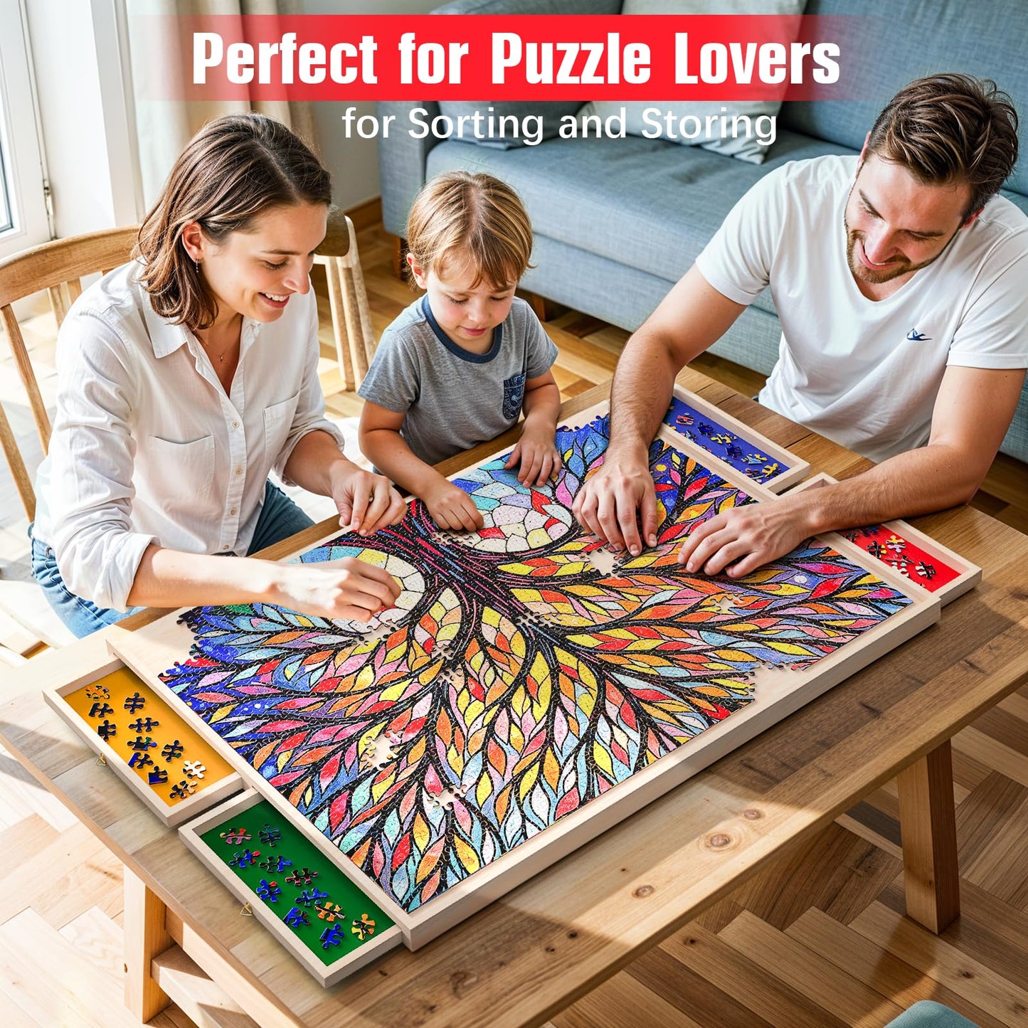 Puzzle Board With Drawers And Cover Rotatable 360-Degree Wheels 1000 Pieces Lightweight Portable Wooden Puzzle Table For Adults