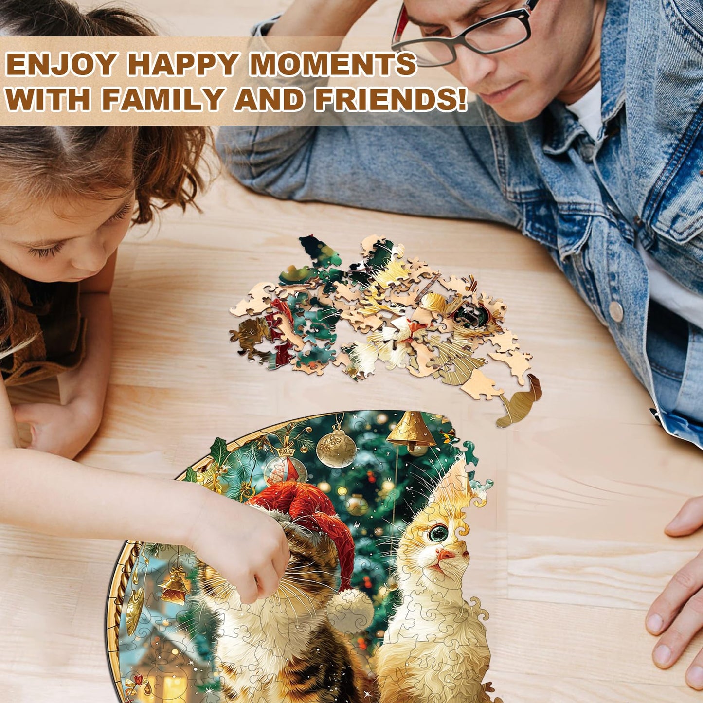 Jigfoxy Wooden Puzzle for mature-themeds  Christmas Kitten Jigsaw Puzzles for mature-themed  Unique Animal Shape Wood Cut Puzzles  Christmas Thanksgiving Gifts for Friends Family (M-11.4 * 11.4in-200pcs)