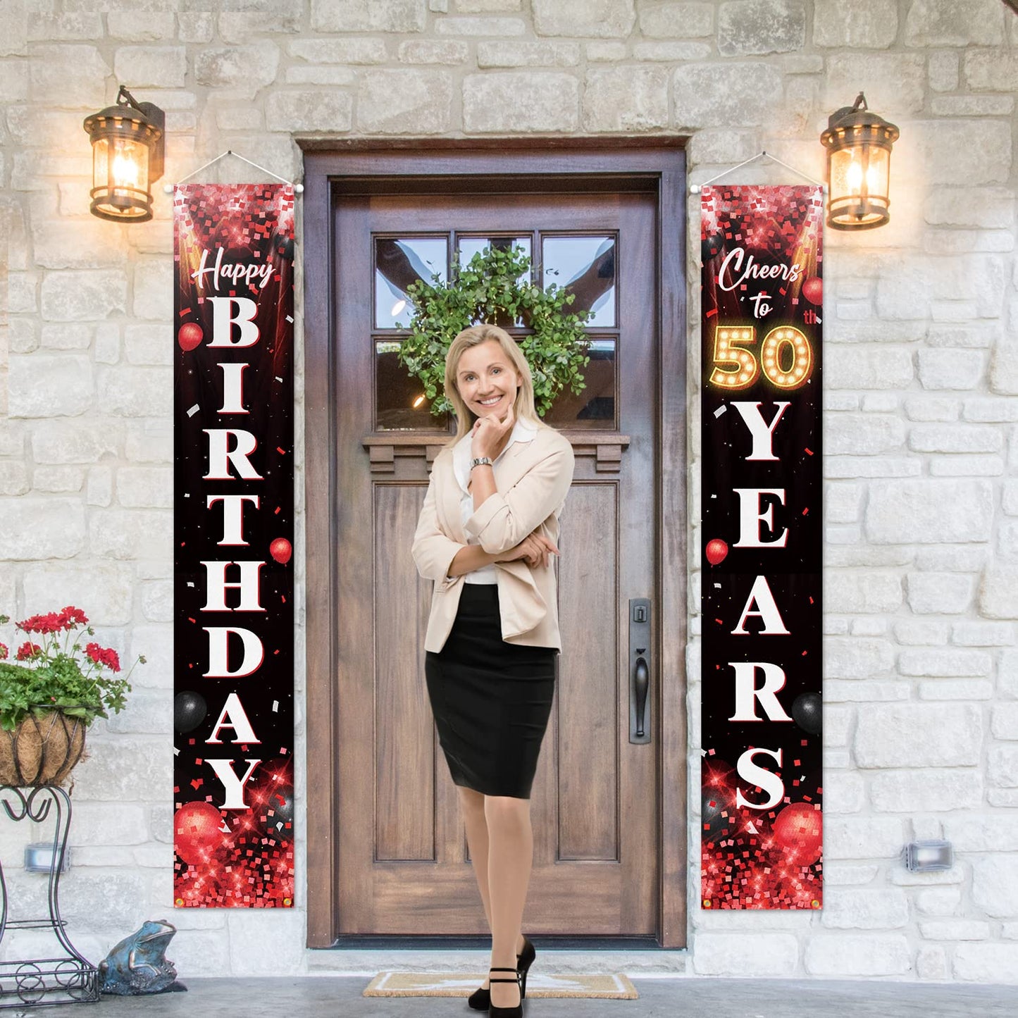 5665 Happy 50Th Birthday Porch Sign Door Banner Decor Red And Black - Glitter Cheers To 50 Years Old Birthday Party Theme