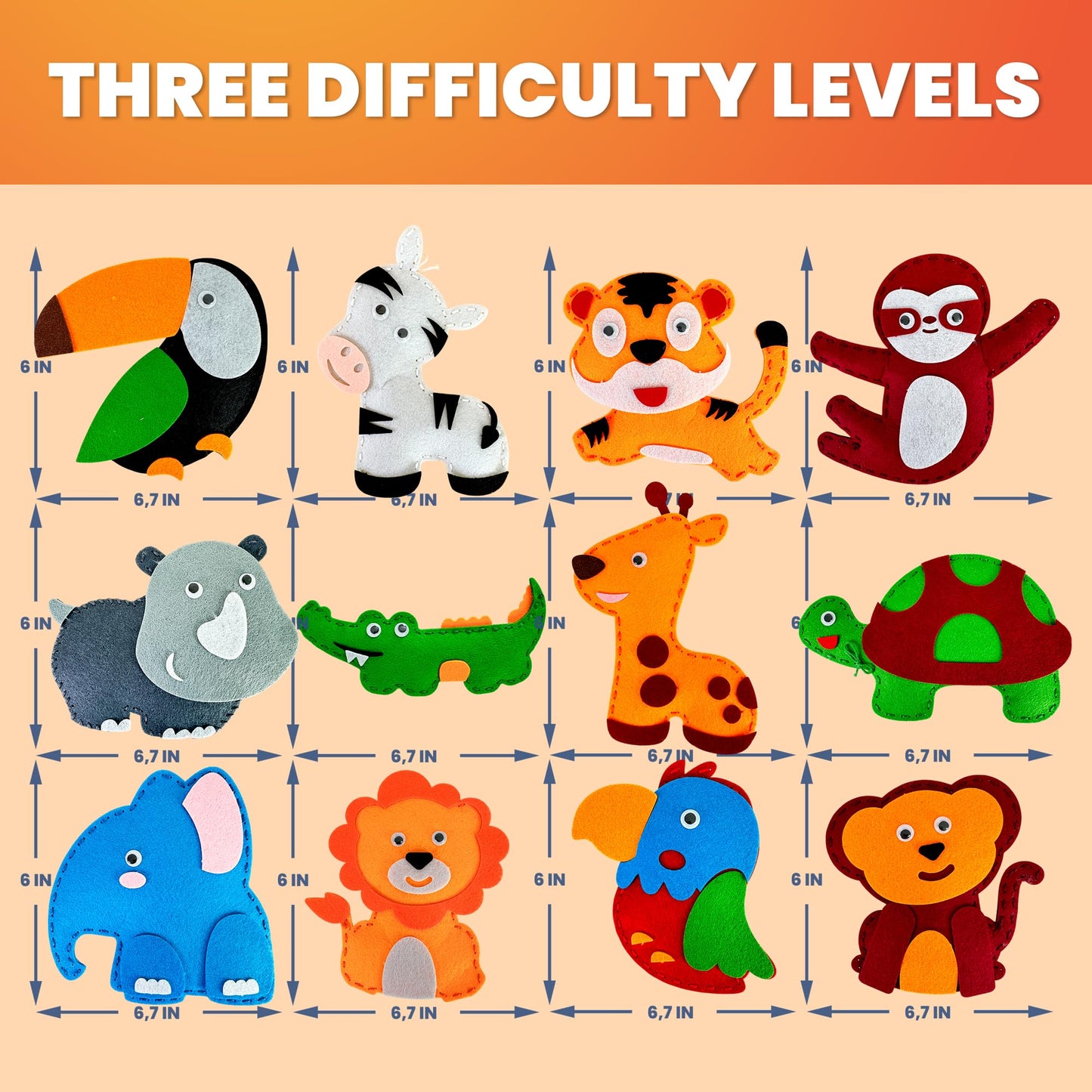 QUOKKA Kids Crafts Ages 4-8, DIY Beginner Needle and Thread Kit - 12 Wild Animals Sewing Kit Basic - Fun Arts Crafts for Kids Ag