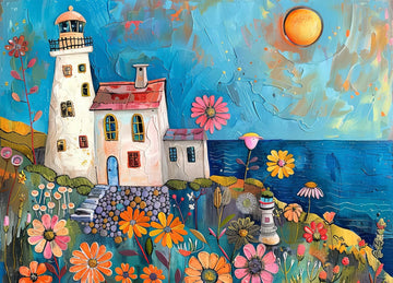 Bullglesup Puzzle for Adults, 1000 Pieces, Painting Lighthouse with Poster, Pieces Fit Perfectly Interlocking Letters on the Bac