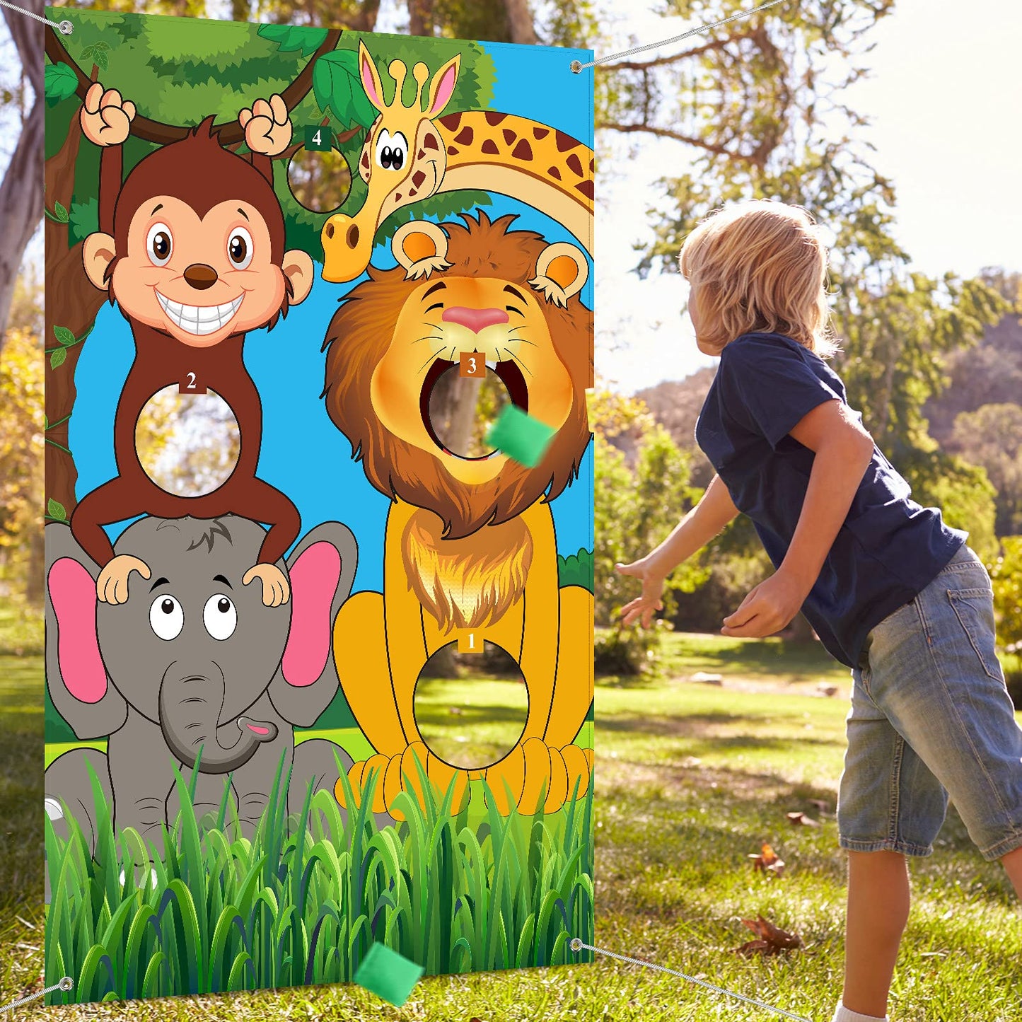 Safari Animals Toss Games Banner With Bean Bags Jungle Wild Animals Backdrop Zoo Animals Photo Background Funny Animals Toss Game For Kids Birthday Party Supplies