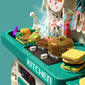 Deejoy 89 PCS Kitchen Playset, Kids Kitchen Toys with Realistic Lights and Sounds, Pretend Steam and Water Tank Functions, Kitch