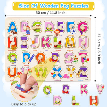 Chivao 10 Pack Wooden Peg Puzzles For Toddlers Jigsaw Learning Puzzles For Kids Wooden Toddler Toys With Alphabet Number Animal Vehicle Shape