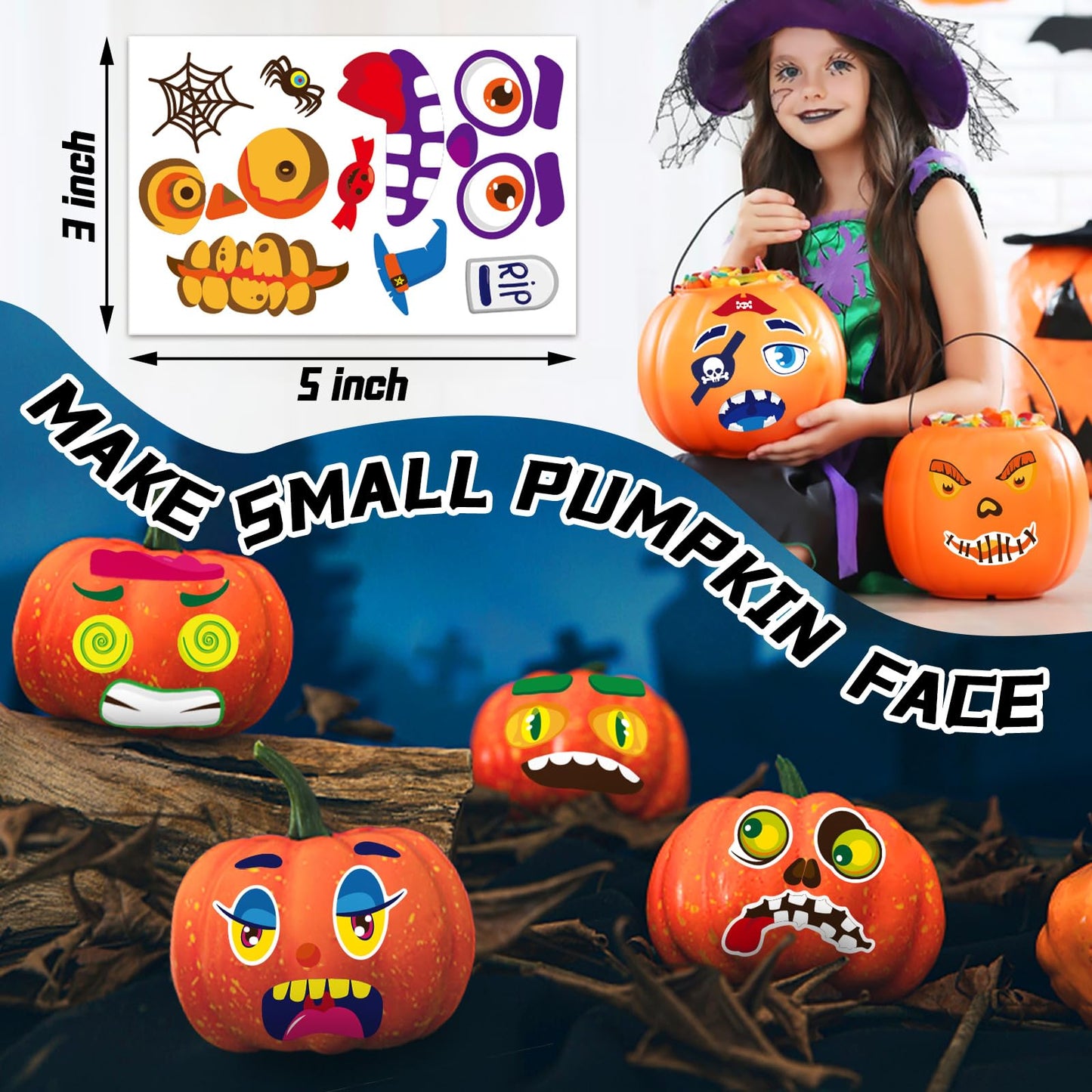 DECYOOL 96 Pieces Halloween Pumpkin Decorating Stickers Mini Pumpkin Face Stickers Make Your Own Small Pumpkin Stickers for Hall