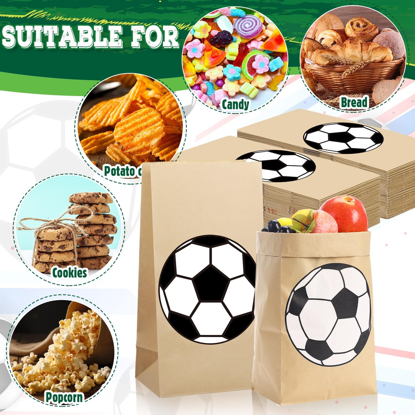 Watersay 100 Pcs Soccer Party Favor Bags 12 x 6 x 4 Soccer Kraft Paper Goodie Treat Candy Food Bags for Sports Themed Party Favo