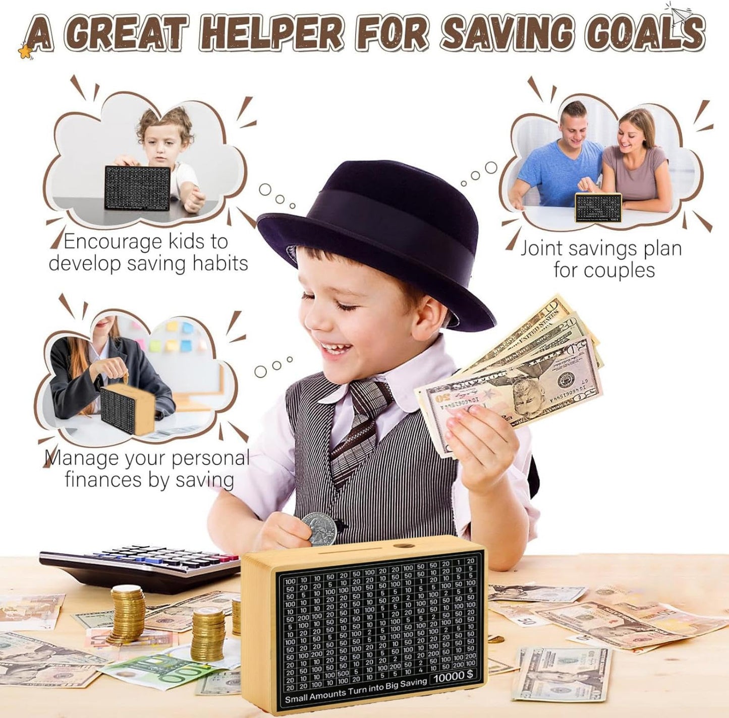 10000 Money Saving Box No Install Required Cash Vault Wooden Savings Challenge Box Piggy Bank for with $10000 $5000 $3000 $2000 $1000 $500 Target for Kids mature-themed Xmas Gift(8 Target Wood Color)