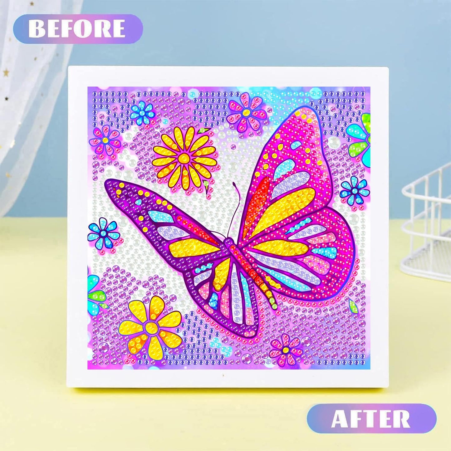 igoodom Butterfly Diamond Art Kits for Kids with Frame, Butterfly Small Diamond Painting Kit, DIY Big Gem Art and Crafts for Kid