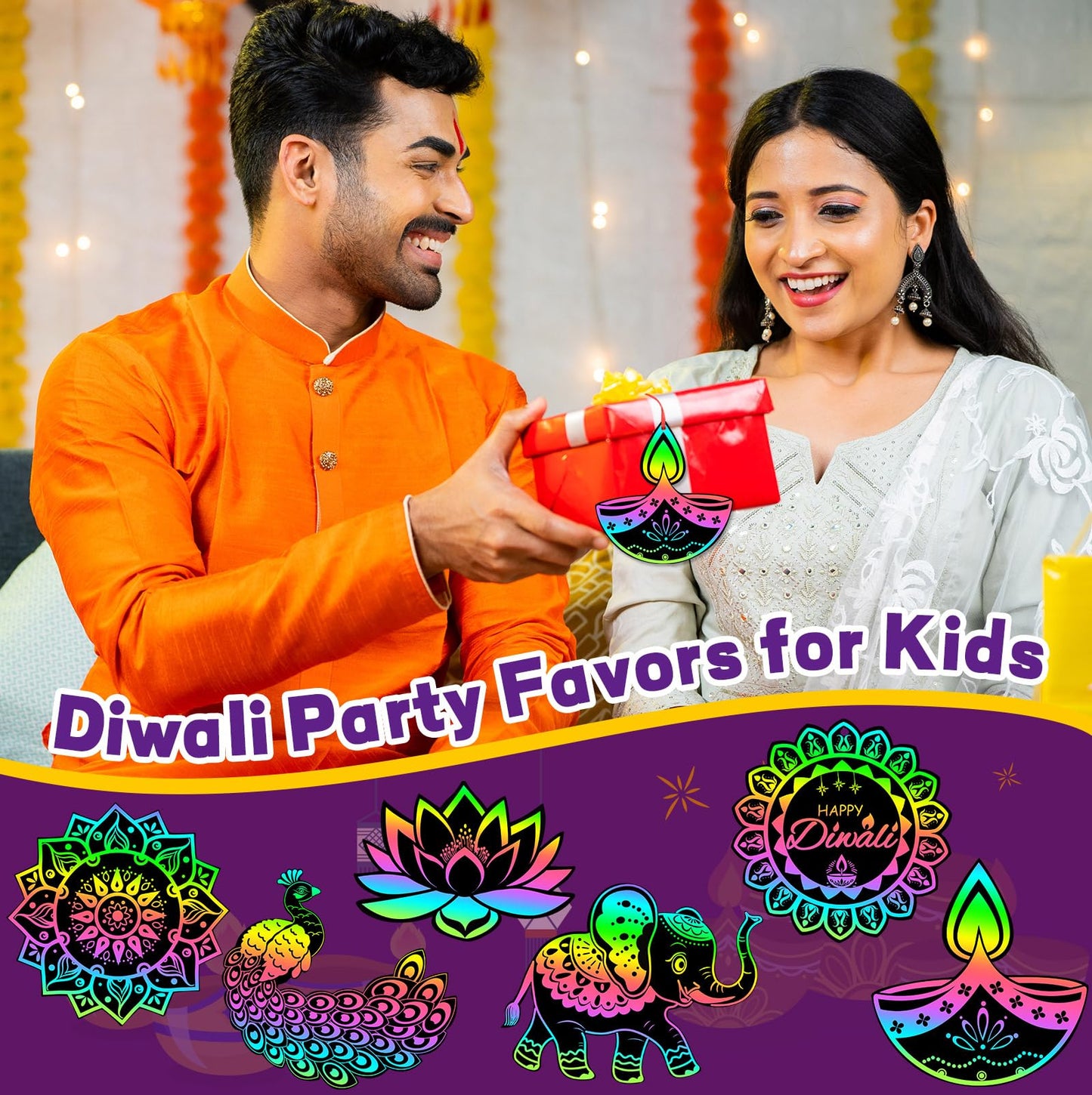 JULMELON 36 PCS Diwali Crafts, Rainbow Scratch Art DIY Scratch Paper Cards Magic Color Diwali Gifts Arts and Craft Kits Bulk Hap