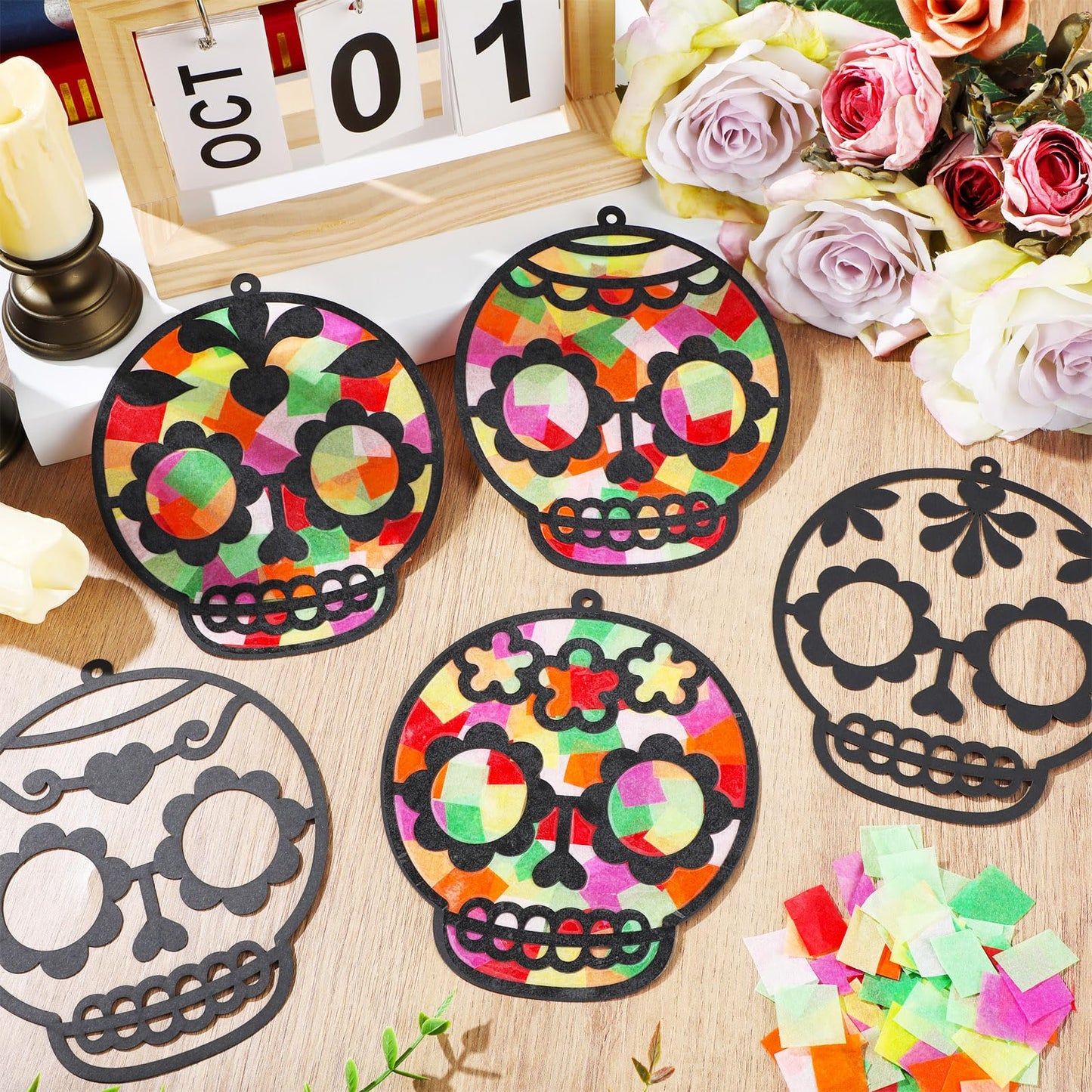 Qyeahkj 36 Set Day of The Dead Suncatchers Crafts for Kids DIY Skull Window Tissue Paper Craft Kit Hanging Decor for Mexico Home
