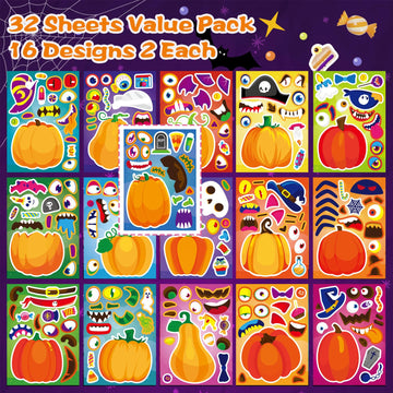 32 Sheets Halloween Pumpkin Stickers, Halloween Make A Face Stickers For Kids, 16 Different Pumpkin Designs, Make Your Own Hallo