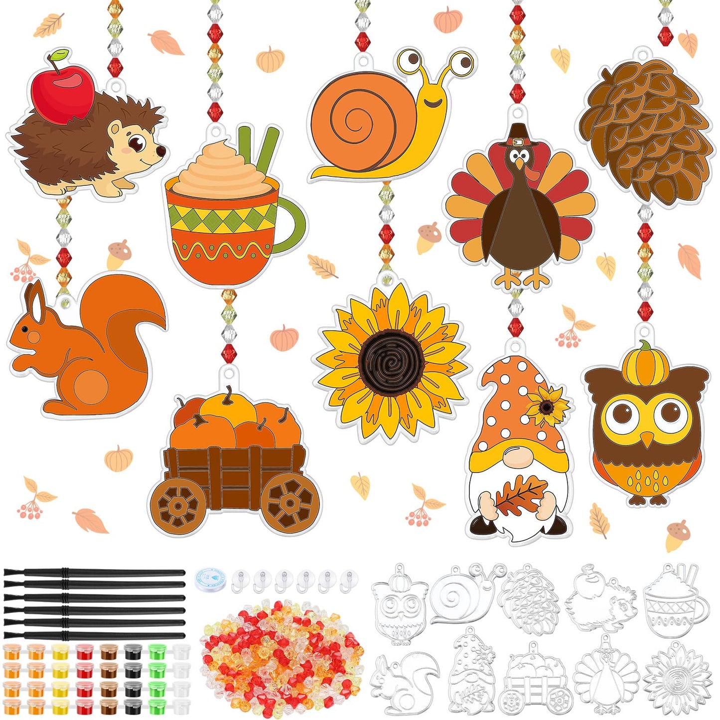 Yaomiao 30 Sets Fall Thanksgiving Suncatchers Art Kits DIY Turkey Squirrel Drawing Crafts Bulk Paint Your Own Window Ornaments f