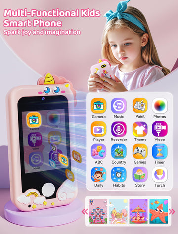 Kikidex Kids Smart Phone for Girls, Perfect Christmas Birthday Gifts for 3-10 Year Old Kids, Touchscreen Learning Play Toy Smart