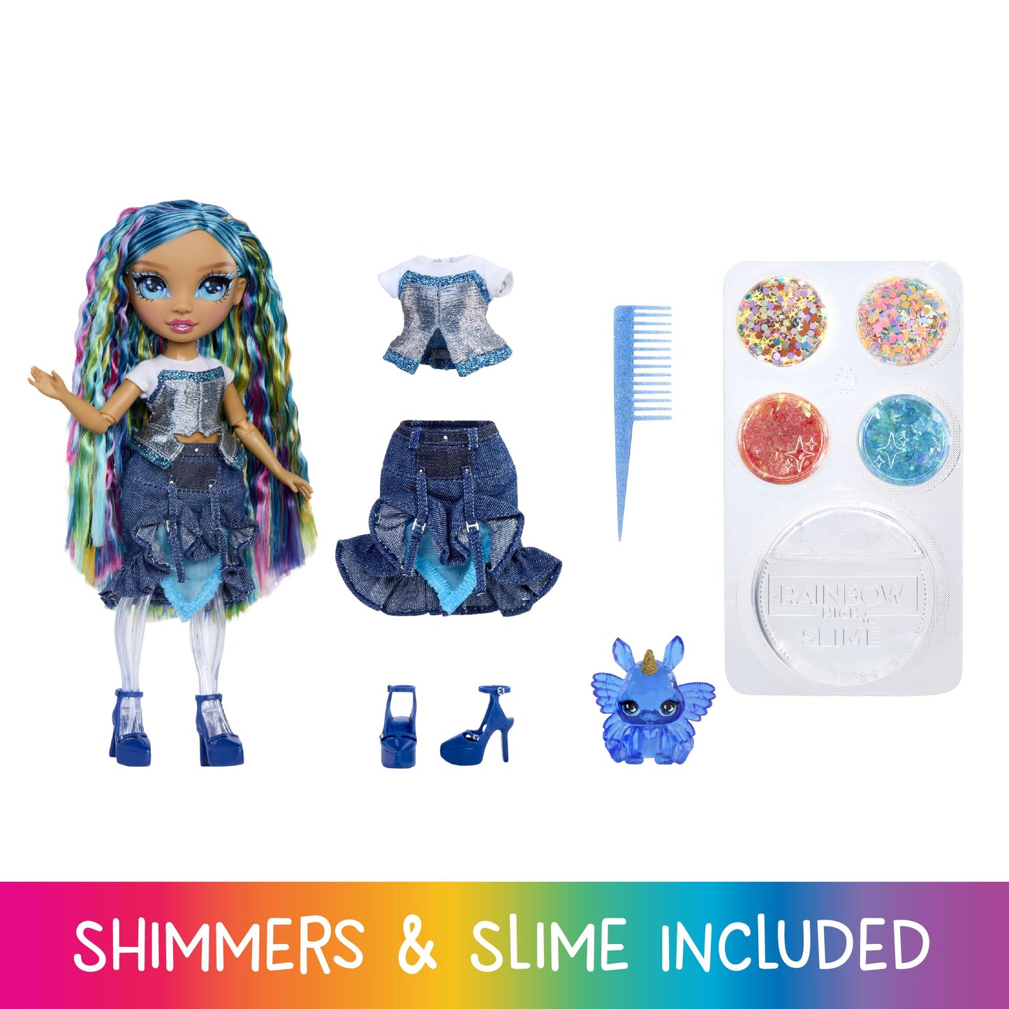 Rainbow High Rainbow Shimmers With Slime - Skyler, Blue 11    Fashion Doll, Create A Rainbow Doll, Slime Kit, Pet Bunny, Kids Gi
