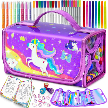 weirtoya Washable Fruit Scented Markers Set, 56 Piece with Unicorn Pencil Case, Stickers & Coloring Book, Purple-Unicorn, Model WAY23/01