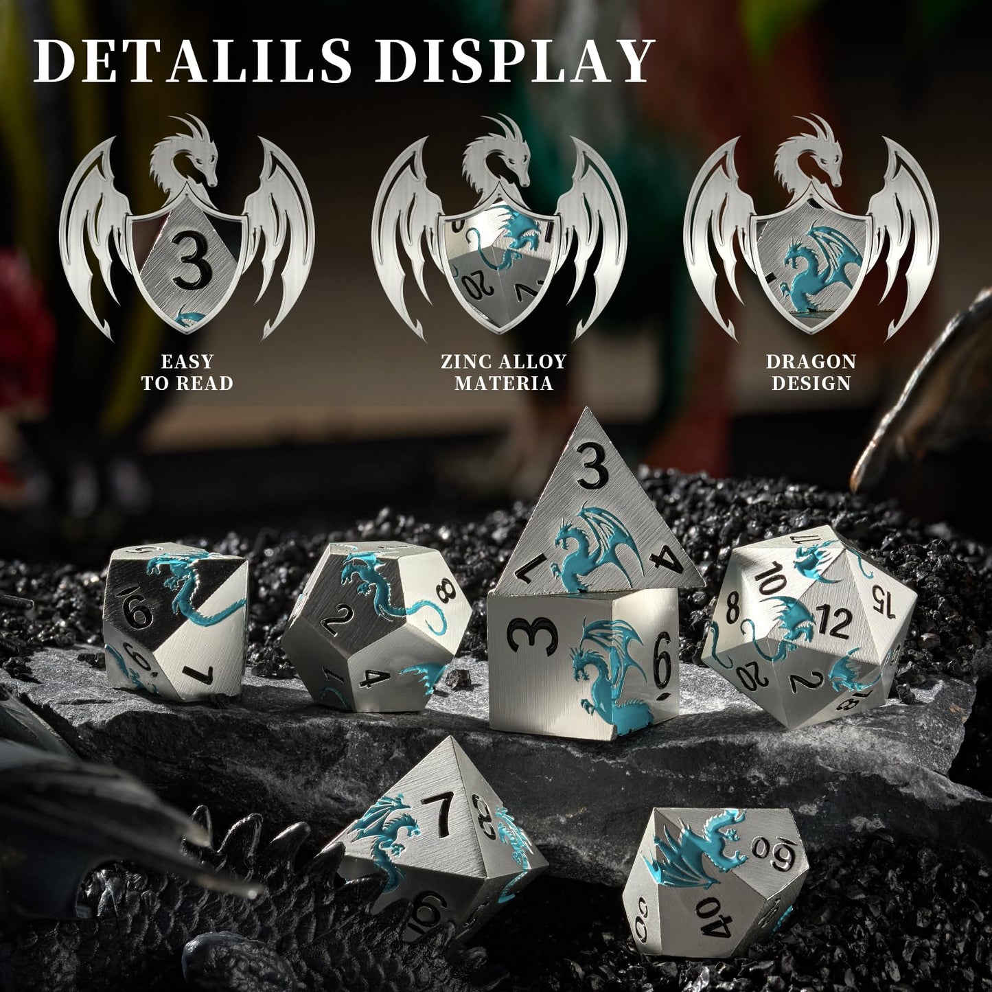 Blue Dragon Metal DND Dice Set,HNCCESG Cool D&D Dice Set of 7 Piece,Dungeons and Dragon Gift Dice, Role Playing Dice for D&D Tab