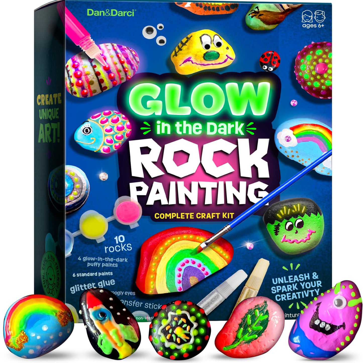 Dan&Darci Kids Rock Painting Kit - Glow in The Dark - Large Arts & Crafts Set for Ages 6-12 - Creative Gold, Silver, White Art Toys