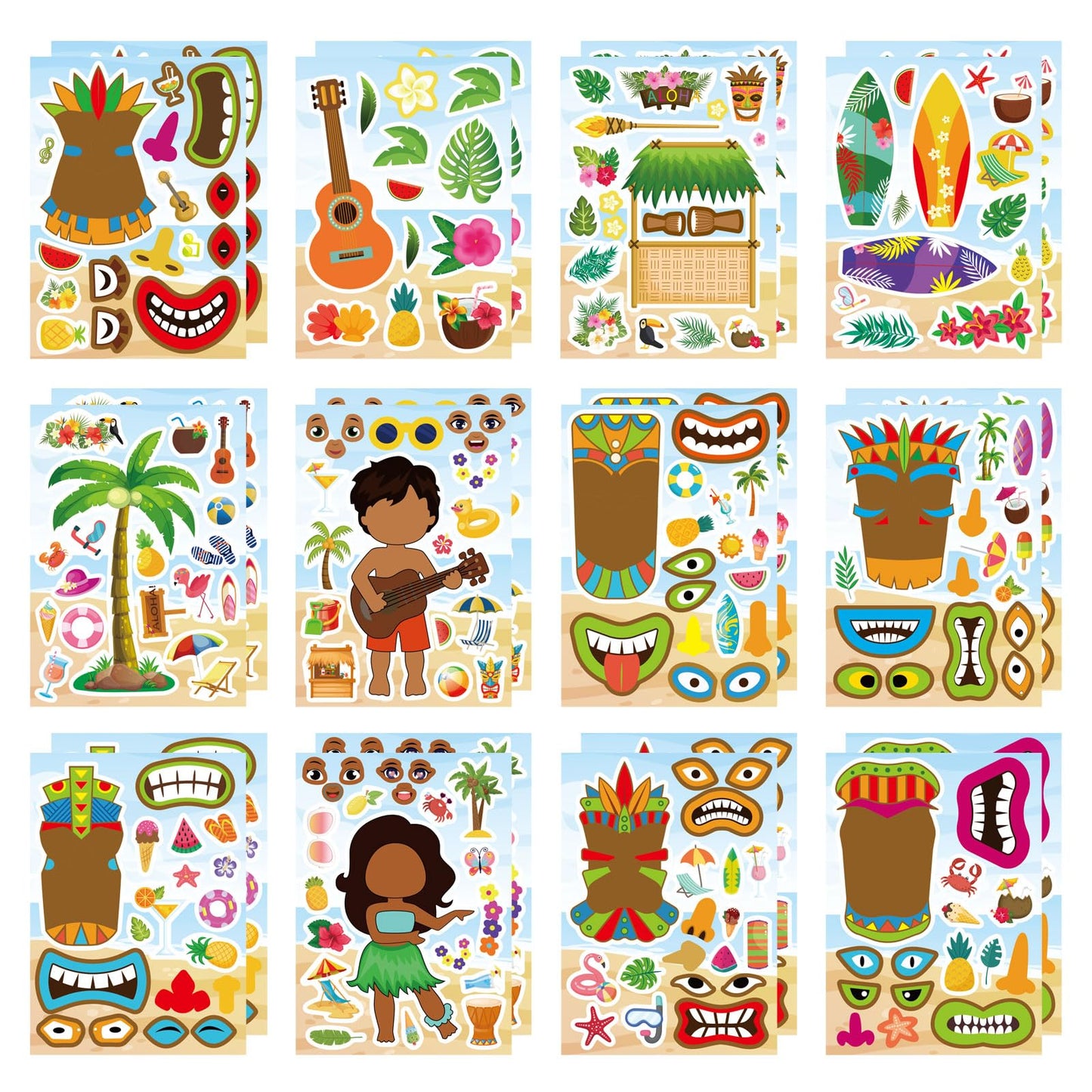 24 Sheets Summer Stickers, Hawaii Make A Face Sticker, Make Your Own Beach Tropical Cartoon Mix And Match Stickersaloha Tiki Tot