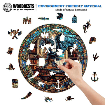 Woodbests Wooden Puzzles For Adults (200 Piece, M, 11.4'X11.4') Dragon'S Library Puzzle Beautiful Wooden Box, Wooden Jigsaw Puzzles Unique Shape, Birthday Gifts For Adults Family Game