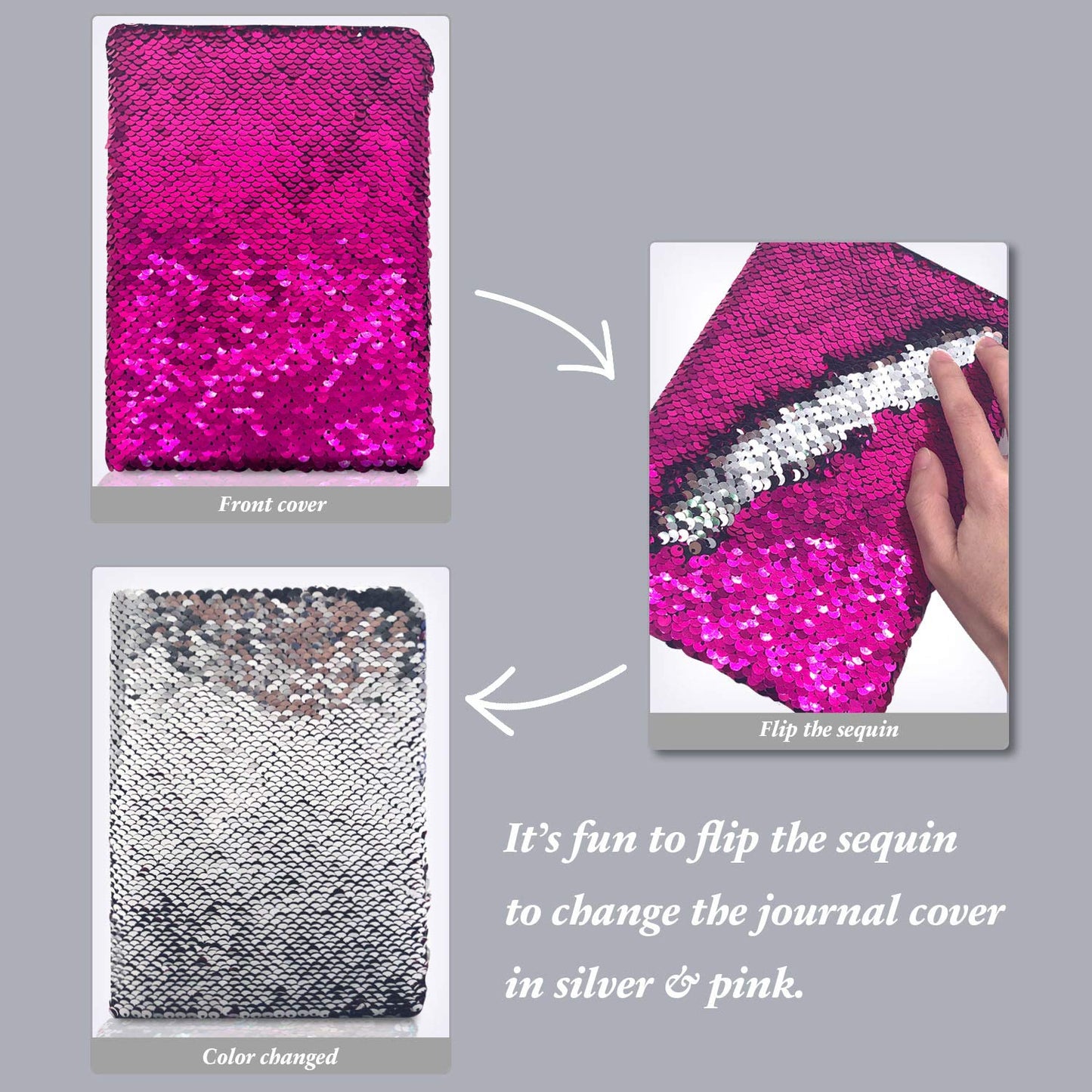 Ginmlyda Sequin Girls Journal For Kids, 8.5X5.5 Inches 160 Lined Pages Diary For Girls And Boys Reversible Flip Sequence Notebook For Teen Pre School Writing Drawing Travel Gifts (Rose Red-Sliver)