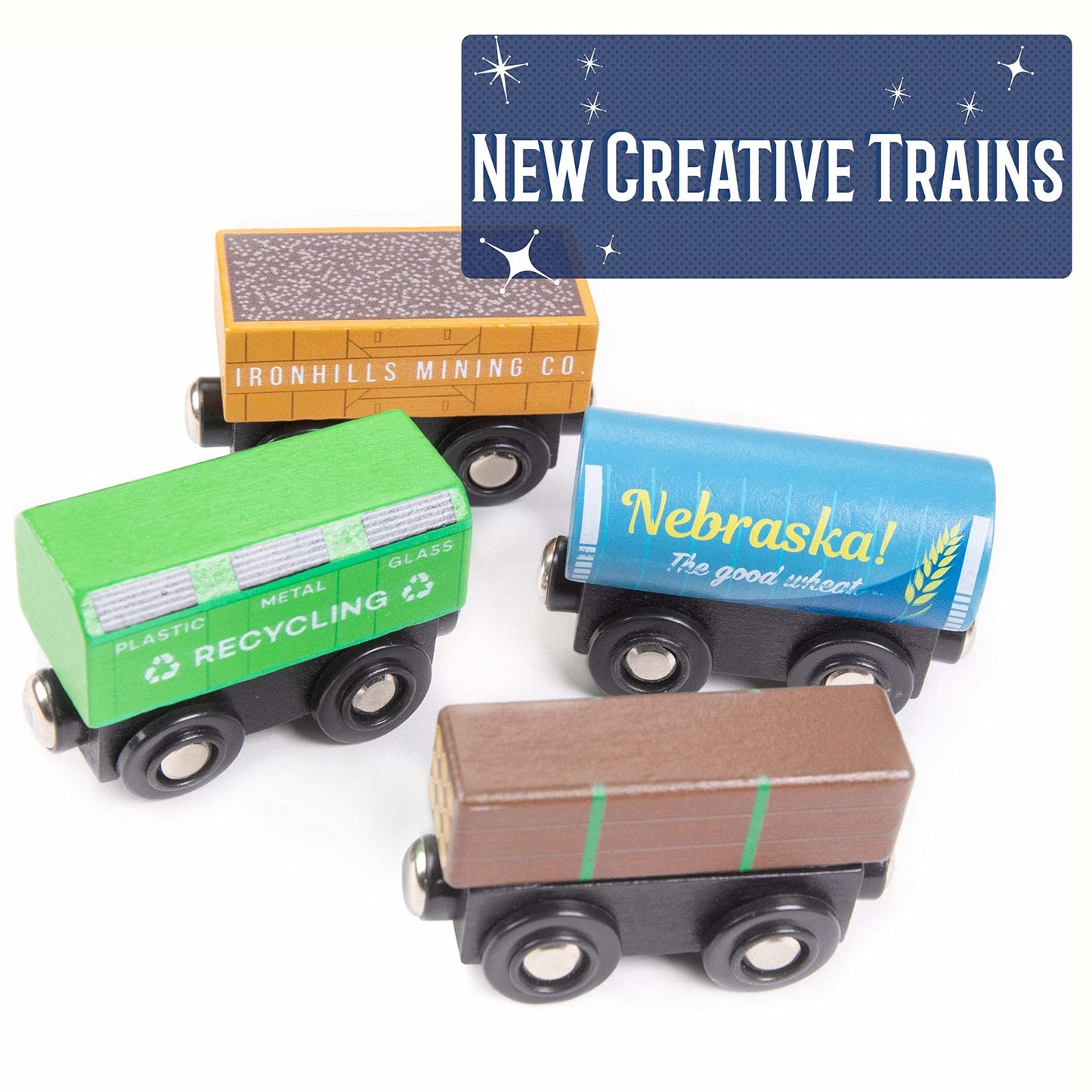Playtime Express Train Set | 12-Piece Wooden Train Box | Includes Unique Custom Designs And Classics: Recycling Transport, Timber Train, Wheat Car, Coal Train, Oil Tanker, And More
