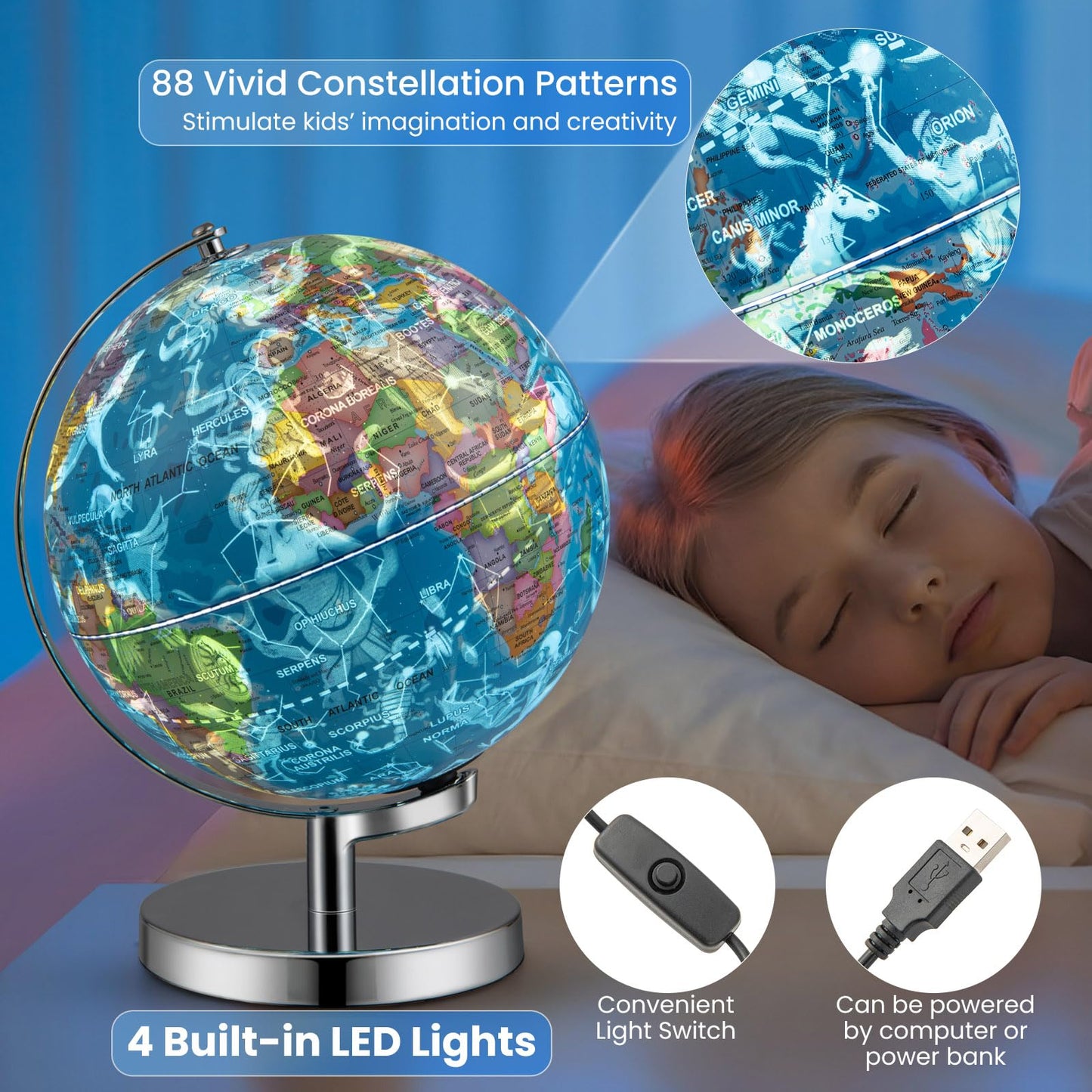 Goplus Illuminated Globes Of The World With Stand, 9’’ Rotating 3 In 1 World Globe W/Constellation Stars, Led Night Light, Geography Educational Globe For Classroom, Office, Decorative, Kids Learning