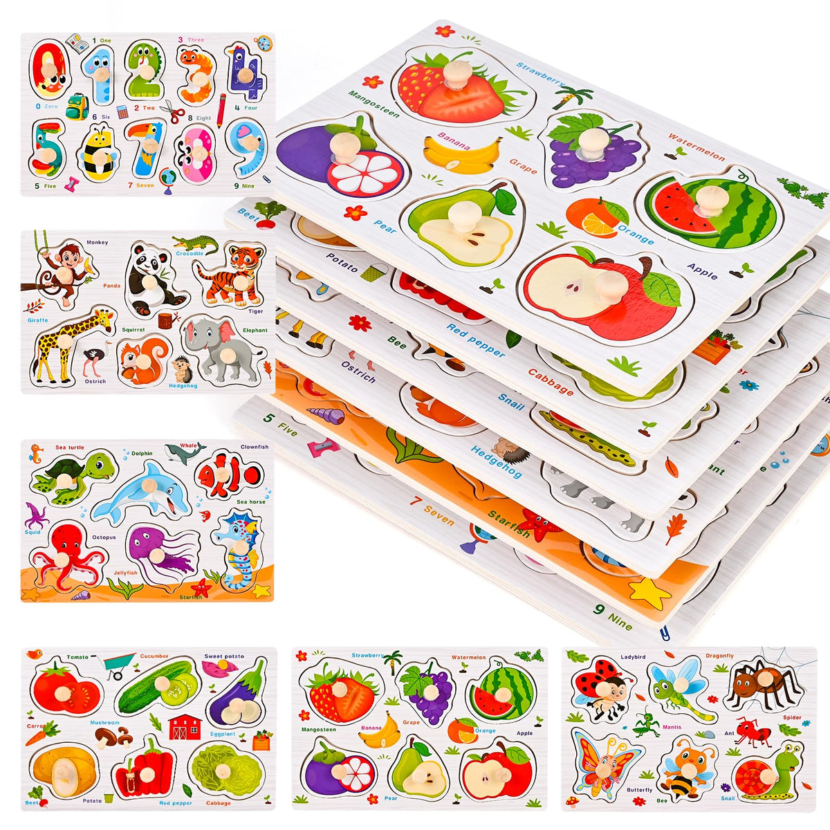 WoodTrove Wooden Peg Puzzles for Toddlers 13, 6 PCS Toddler Puzzles