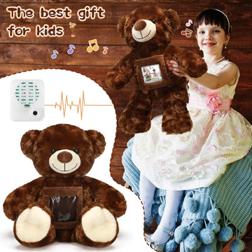 Leyndo Bear With Voice Recording Remembrance Stuffed Animal With Picture Recordable Messages Memorial Toy For Baby Shower Birthday Gift, Recording Gifts(Dark Brown, 18 Inch)
