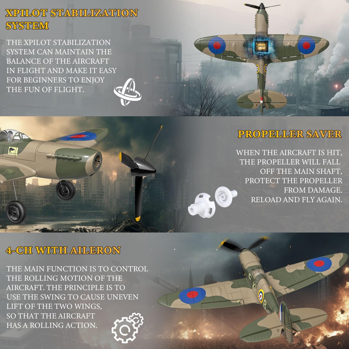 GLUISEUR Remote Control Aircraft Plane, Spitfire RC Plane with 3 Modes for Easy U-Turns and Control for Adults & Kids