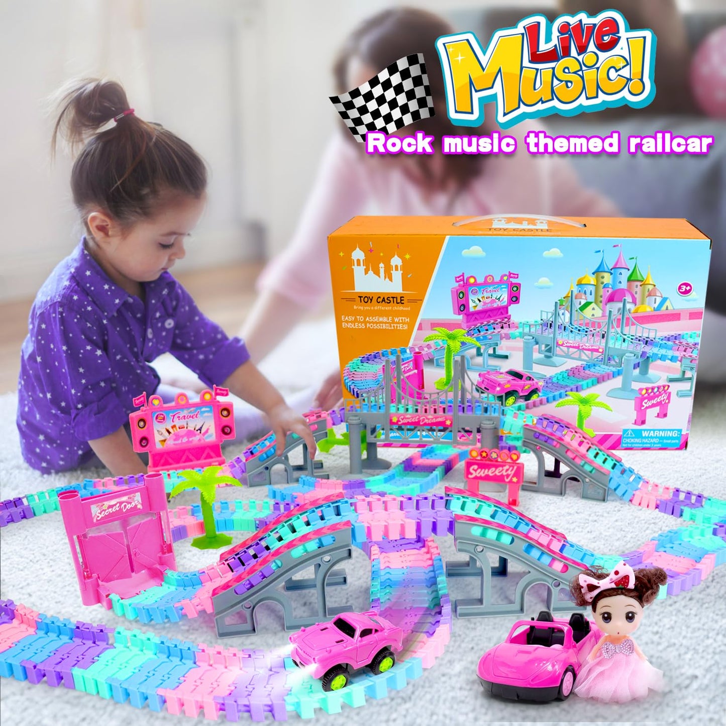 Tracks Car Toys Set For 3 4 5 6 Year Old Girls Kids,201 Pcs Rock Music Theme Flexible Tracks Car Princess Toys Pink Doll Racing