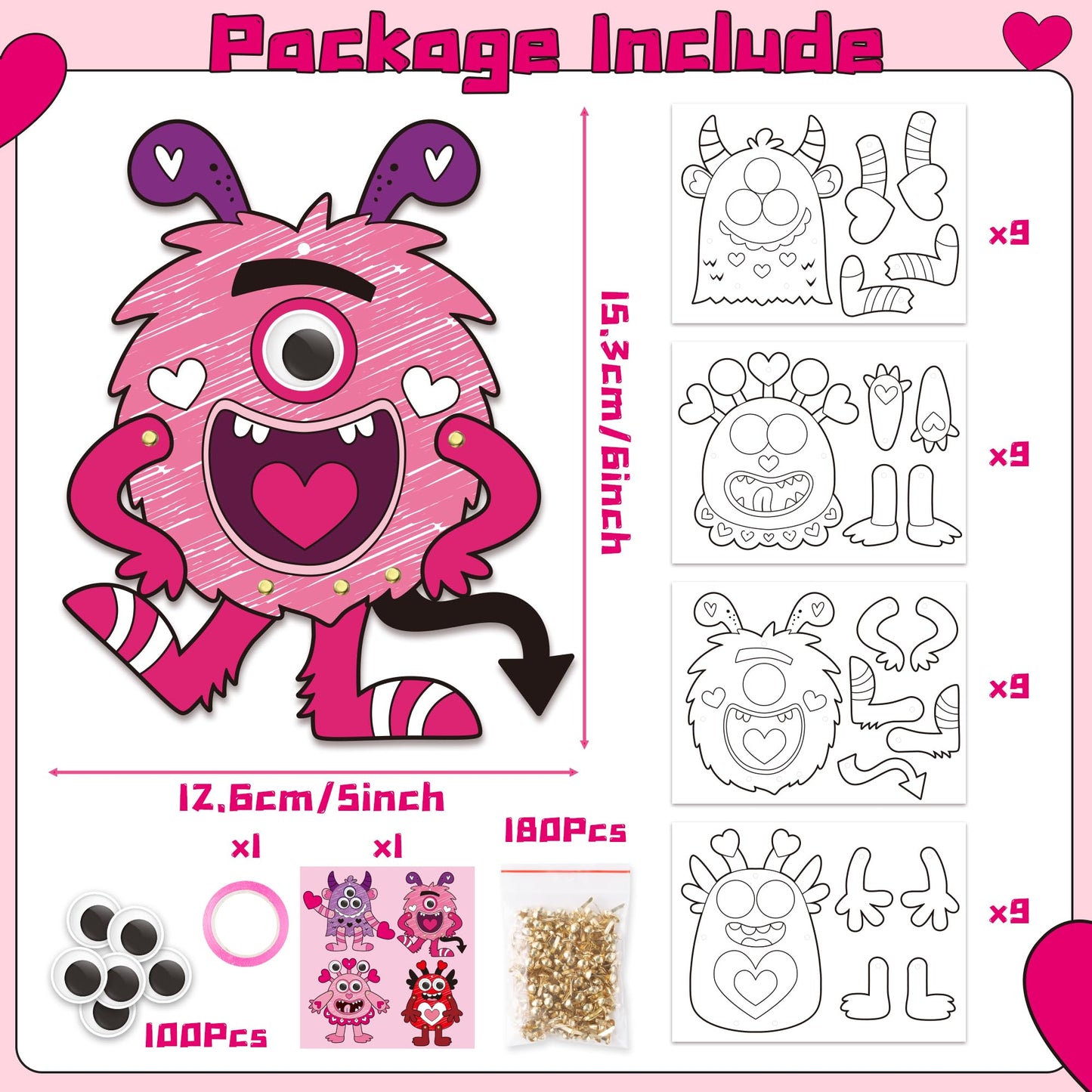 WATINC Valentines Day Monster Craft Kit - 36Pcs Color Your Own Movable Love Monster Hanging Ornament, DIY Valentines Day Monster