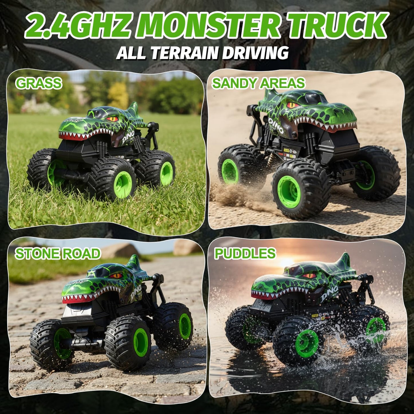 Gohero Monster Truck Toys - 1:20 RC Car with 360° Spins, LED Light, Music, 2 Rechargeable Batteries for Kids Age 4-7 - Plastic, All-Terrain