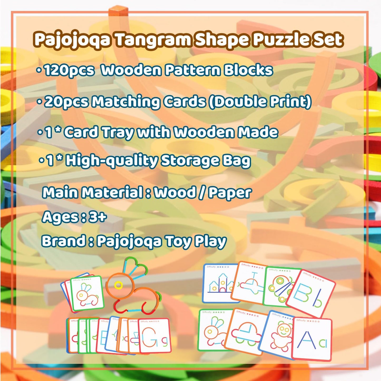120Pcs Wooden Pattern Blocks, Sticks & Rings Wooden Tangram Puzzle Stem Preschool Brain Teaser Montessori Toys Gift For 3 4 5 Years Old Toddler Kids Boy Girl