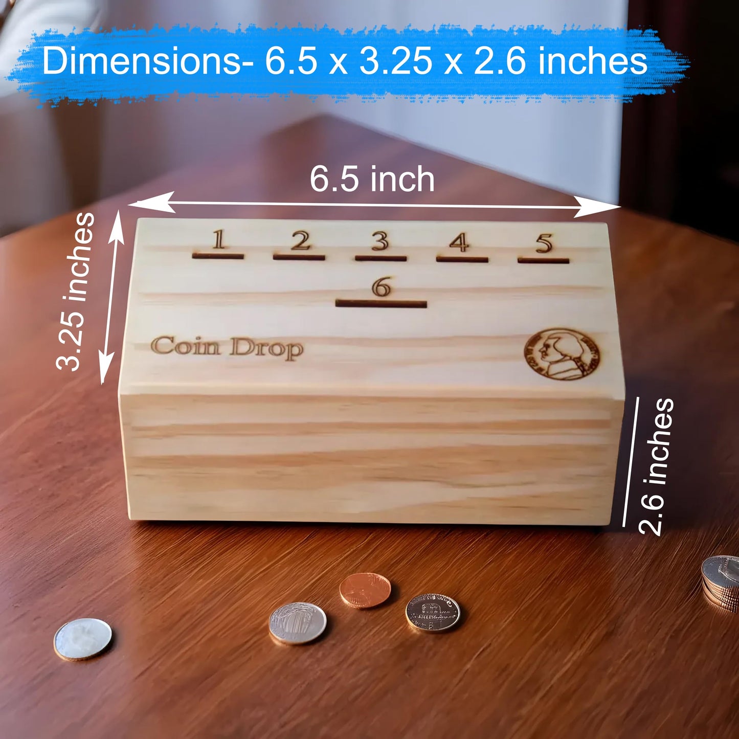 T one woods Coin Drop Game for Kids & Adults - Wooden Box & Dice, Light Pine Design-1