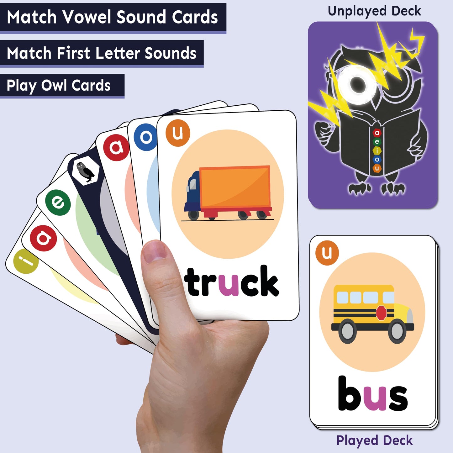 THE BAMBINO TREE Phonics Card Game - Vowel Sounds Learning for Kids, Medium, Cardstock, Purple, 2-8 Players