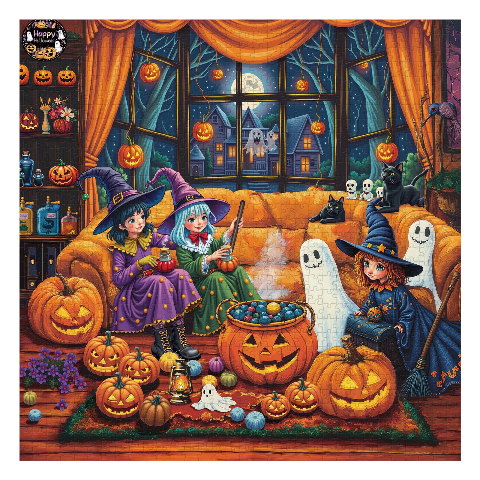 Halloween Party Puzzles for Adults 1000 Pieces, Witches Ghost Pumpkin Jigsaw Puzzles, Difficult Fall Candy Art Puzzles