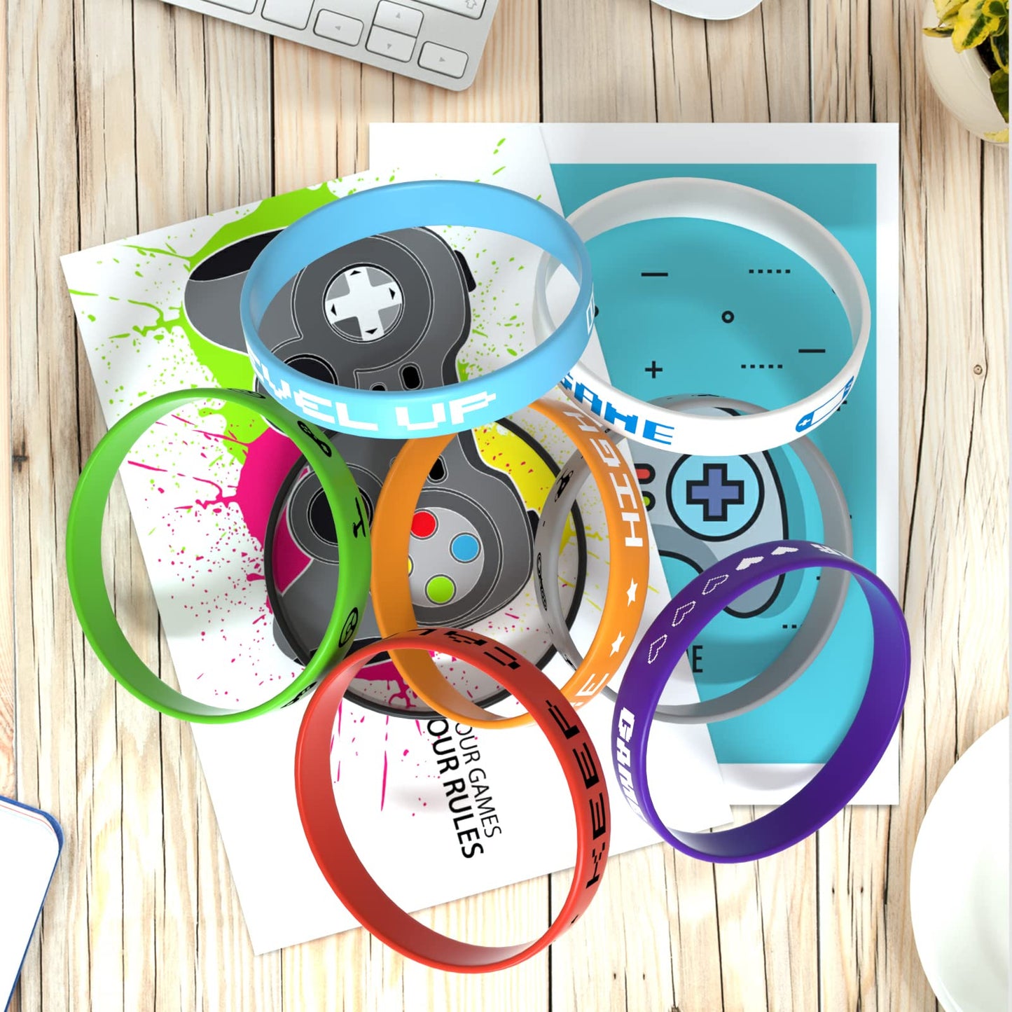 Astaron 32 Pieces Video Game Rubber Wristband Colored Bracelets For Game Theme Party Kids Birthday Party Favors